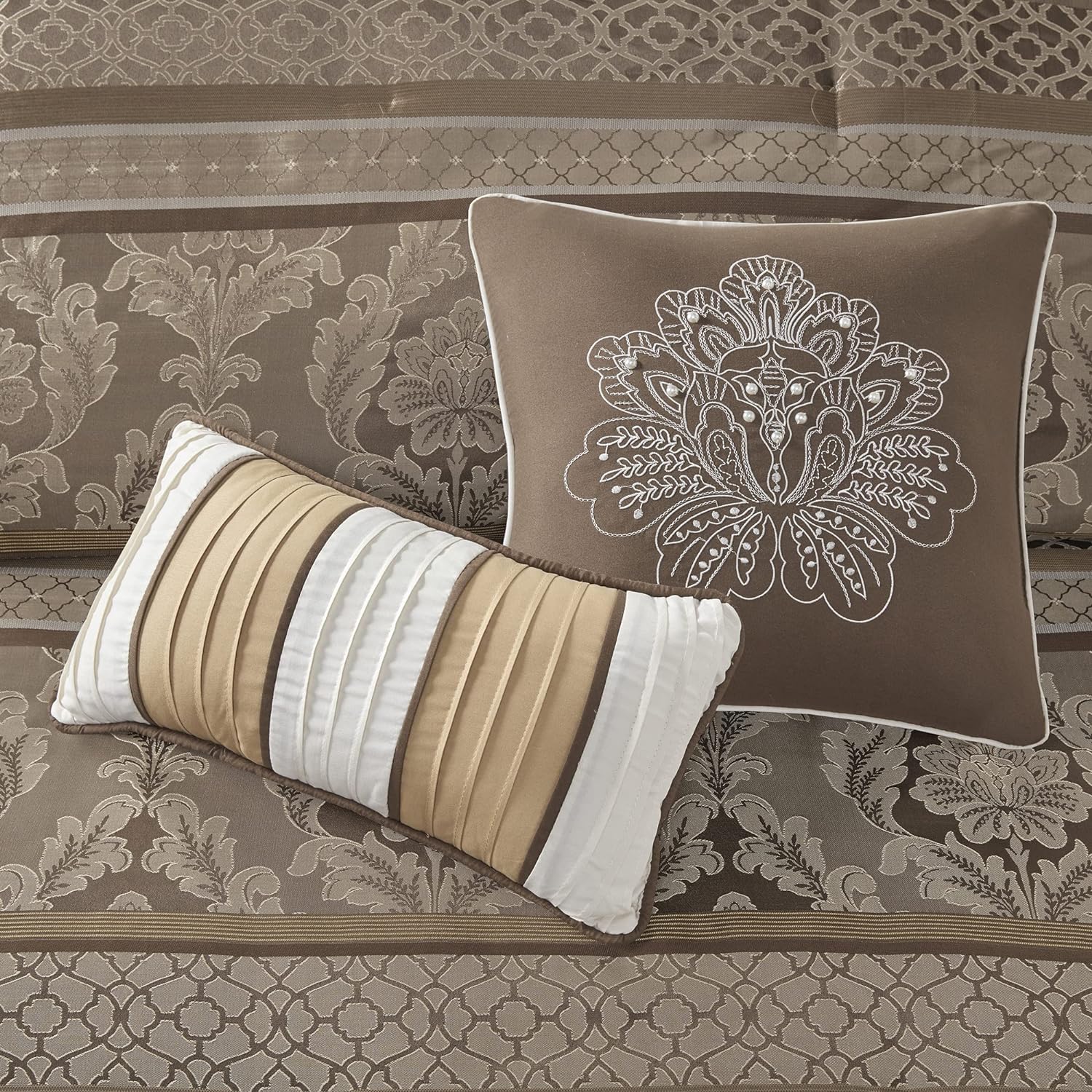 Luxe Jacquard with Damask Design Bed in a Bag Set - 7 Pcs. with Matching Shams, Bed Skirt